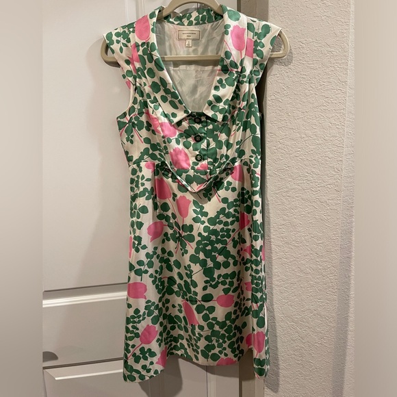 MOULINETTE SOEURS Anthropology Women's Green & Pink Leaf Floral Print Dress 4 - Picture 5 of 11